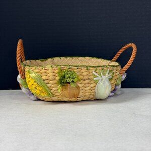 Vintage Woven Raffia Handled Basket Fruit Design